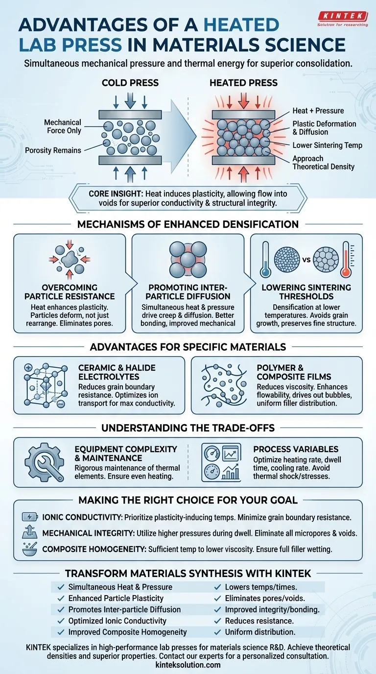 Quais são as vantagens de uma prensa de laboratório aquecida? Obtenha uma densificação superior para a ciência dos materiais Guia Visual