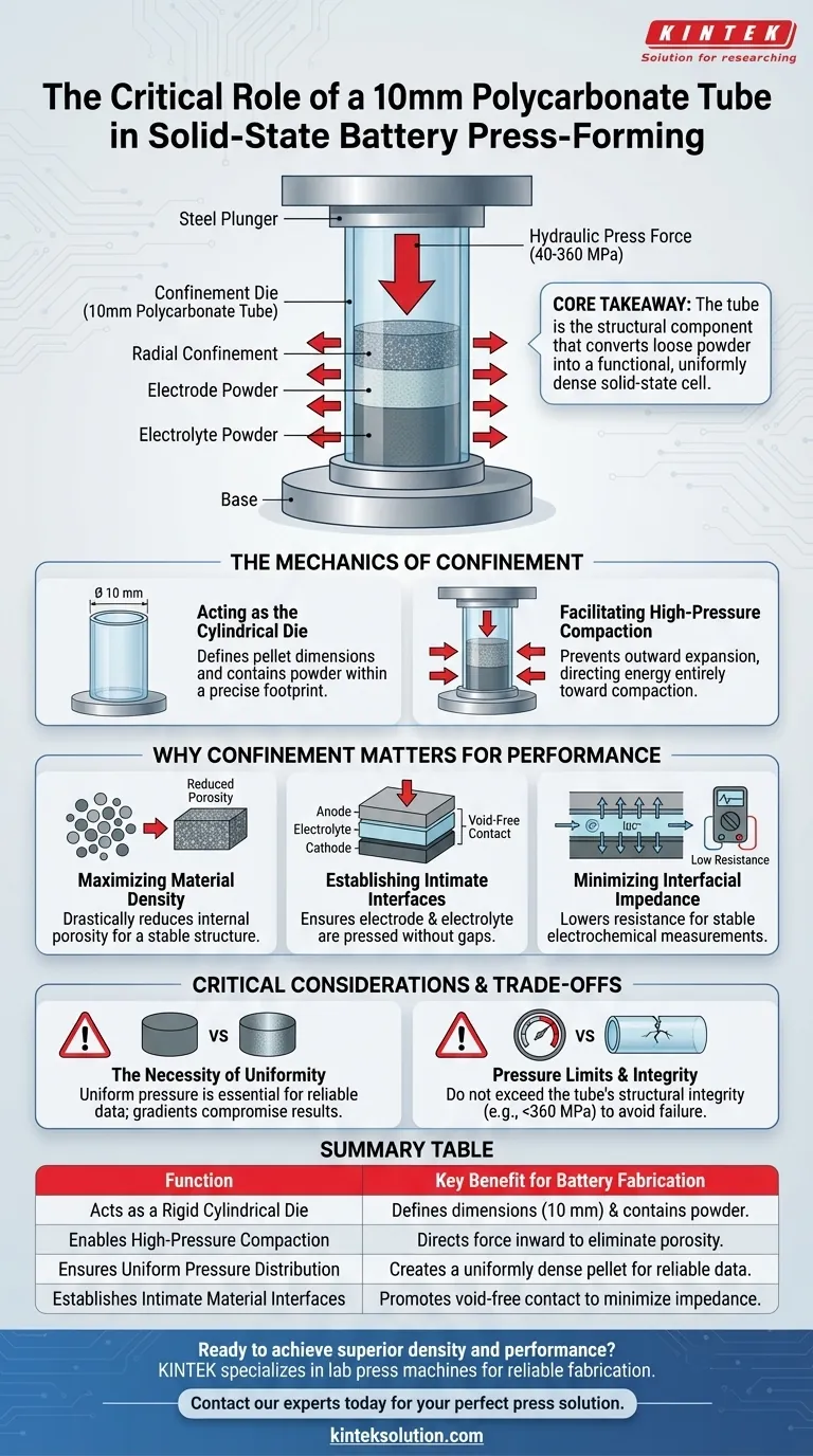 全固体電池のプレス成形プロセスにおいて、直径10mmのポリカーボネートチューブの機能は何ですか？高密度ペレット作製に不可欠 ビジュアルガイド