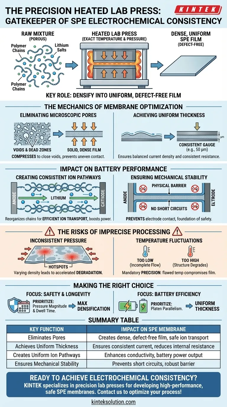 Welche Schlüsselrolle spielt eine präzisionsbeheizte Laborpresse bei der Herstellung von Festkörper-Polymer-Elektrolytmembranen (SPEs)? Gewährleistung elektrochemischer Konsistenz Visuelle Anleitung