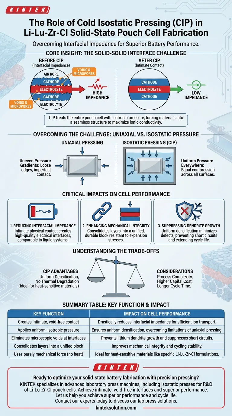 Li-Lu-Zr-Clパウチ型セルにおけるコールドアイソスタティックプレス（CIP）使用の具体的な機能は何ですか？ 親密で、空隙のない固体界面を実現する ビジュアルガイド