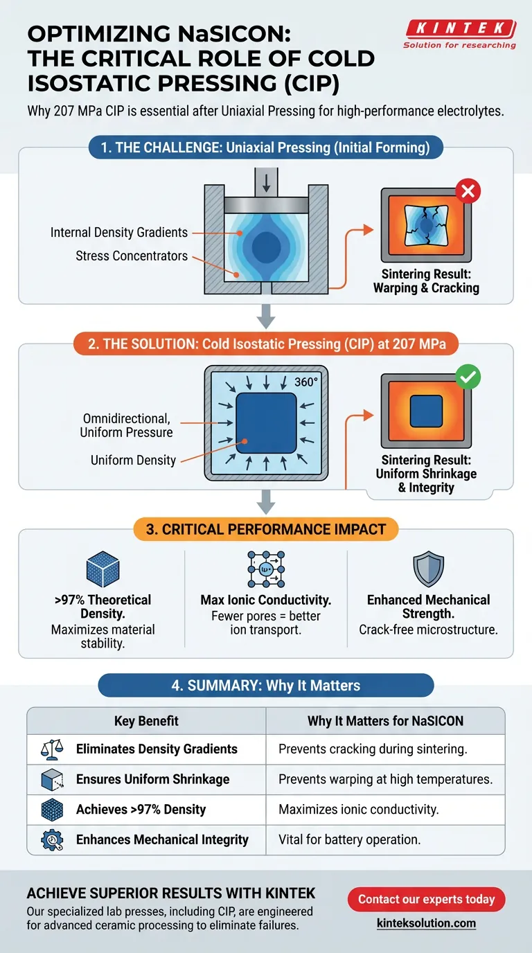 Por que é necessário processar um corpo verde de NaSICON com uma prensa isostática a frio a 207 MPa após a prensagem uniaxial inicial? Garanta eletrólitos de alta densidade e sem rachaduras Guia Visual