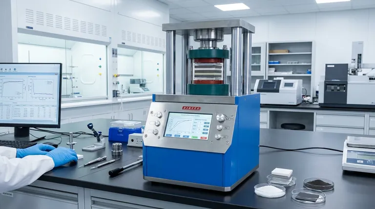 Qual é o propósito de aplicar pressão multi-etapas e precisamente controlada com uma prensa hidráulica de laboratório durante a montagem do empilhamento de uma bateria totalmente de estado sólido? Para Projetar Interfaces de Bateria de Alto Desempenho