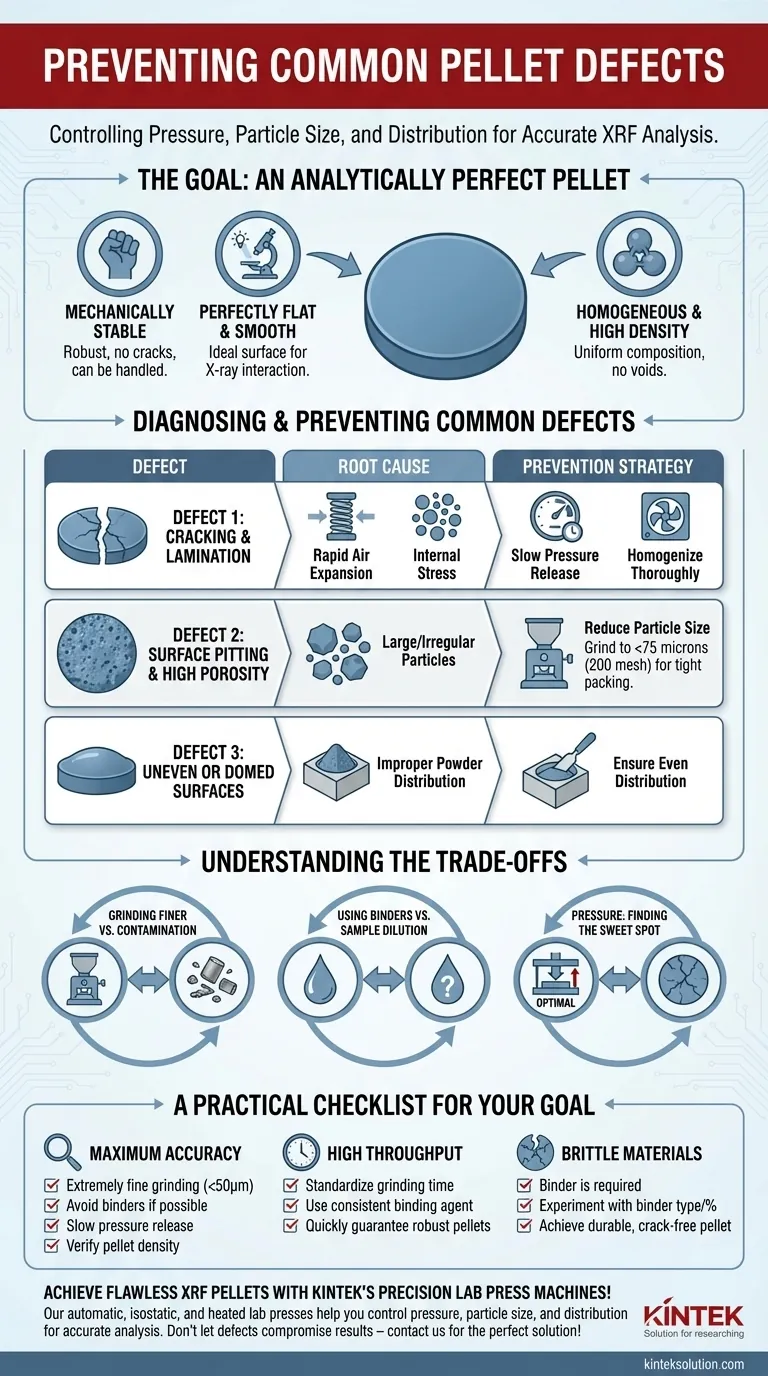 How can common pellet defects be prevented? Master Pressure, Particle Size, and Distribution for Perfect XRF Pellets Visual Guide