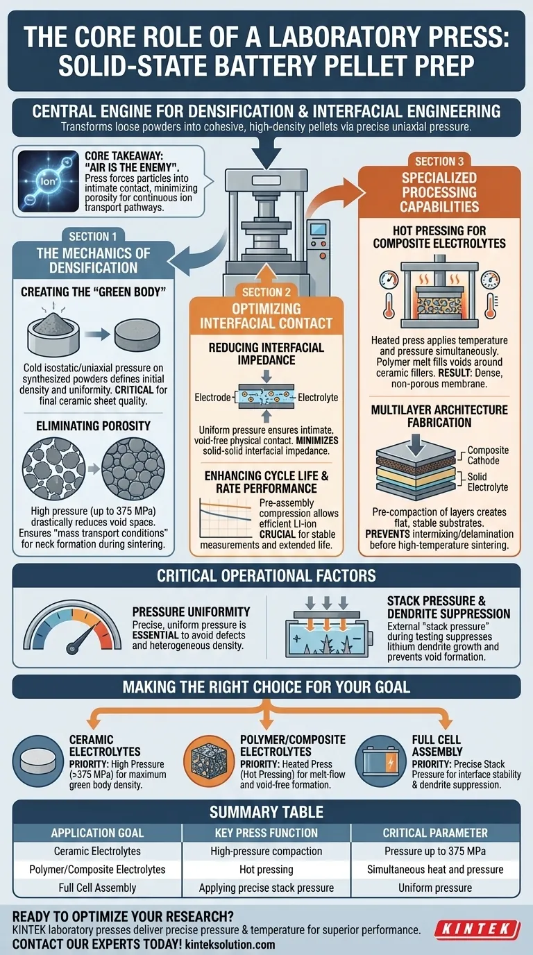 Qual è il ruolo fondamentale di una pressa da laboratorio nella preparazione degli strati di pellet per elettroliti di batterie allo stato solido e elettrodi compositi? Guida Visiva