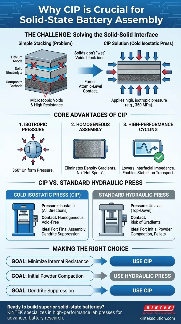 Perché viene utilizzata una pressa isostatica a freddo per l'assemblaggio di batterie allo stato solido? Raggiungere interfacce solide-solide perfette Guida Visiva