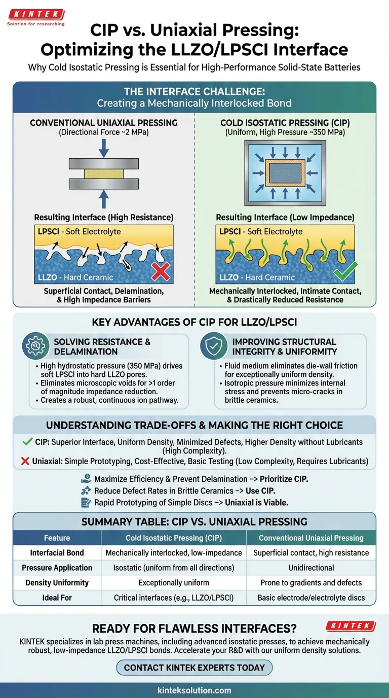 LLZO/LPSCl界面を構築する上で、従来の単軸プレスと比較して、コールド等方圧プレス（CIP）プロセスを使用する重要な利点は何ですか？ 高性能全固体電池の実現 ビジュアルガイド