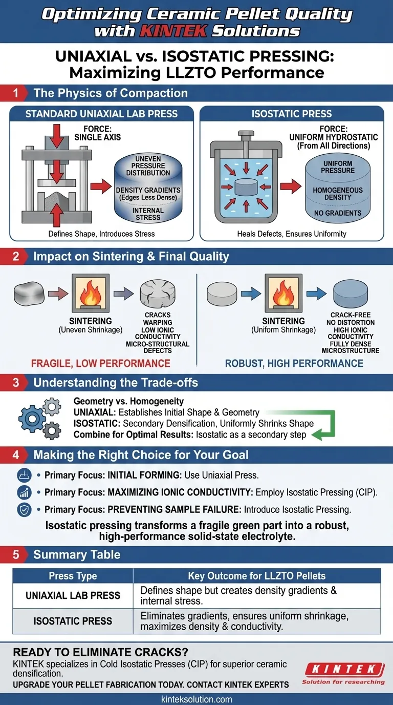 LLZTO粉末で作られたセラミックペレットの品質を、標準的な単軸ラボプレスと比較して、静水圧プレスはどのように向上させることができますか？ 高密度でひび割れのない電解質を実現する ビジュアルガイド