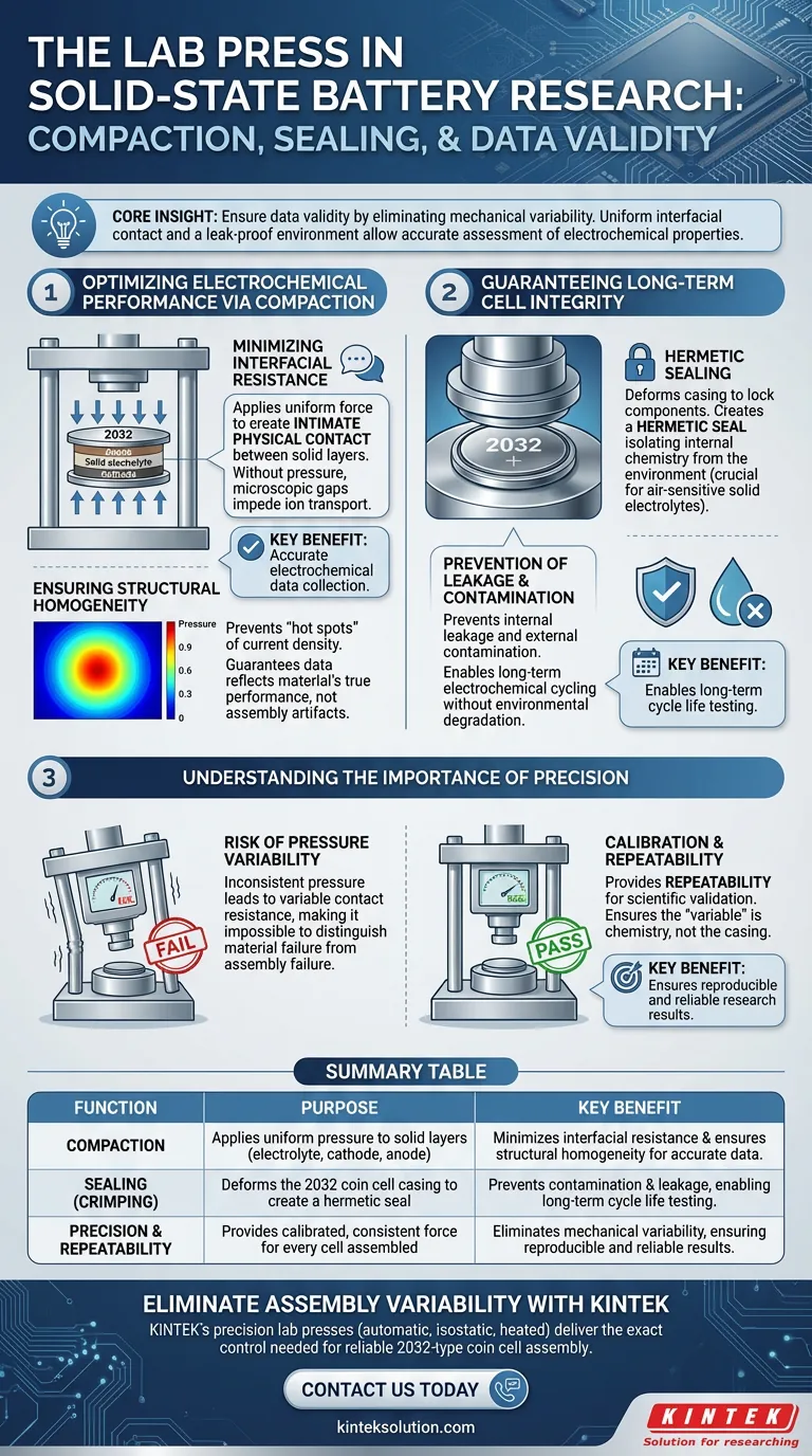 Qual è la funzione di una pressa da laboratorio nell'assemblaggio di celle a bottone di tipo 2032 per il test di batterie allo stato solido? Garantire la validità dei dati e le prestazioni. Guida Visiva