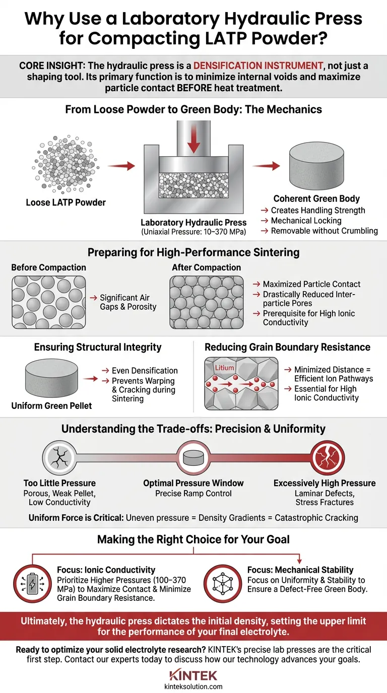 LATP粉末に実験室用油圧プレスが使用されるのはなぜですか？高密度固体電解質ペレットの実現 ビジュアルガイド