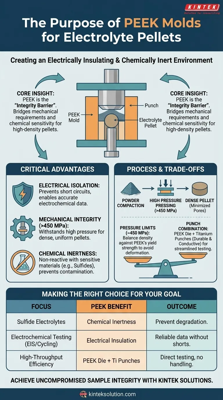 PEEKモールドを使用して電解質ペレットをプレスする目的は何ですか？電気的絶縁、汚染のない高密度化を保証します。 ビジュアルガイド