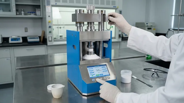 Perché viene utilizzata una pressa da laboratorio per formare pellet dalla polvere di perovskite Li1.5La1.5MO6 prima della sua sintesi a microonde? Massimizzare la diffusione ionica per ceramiche ad alta purezza