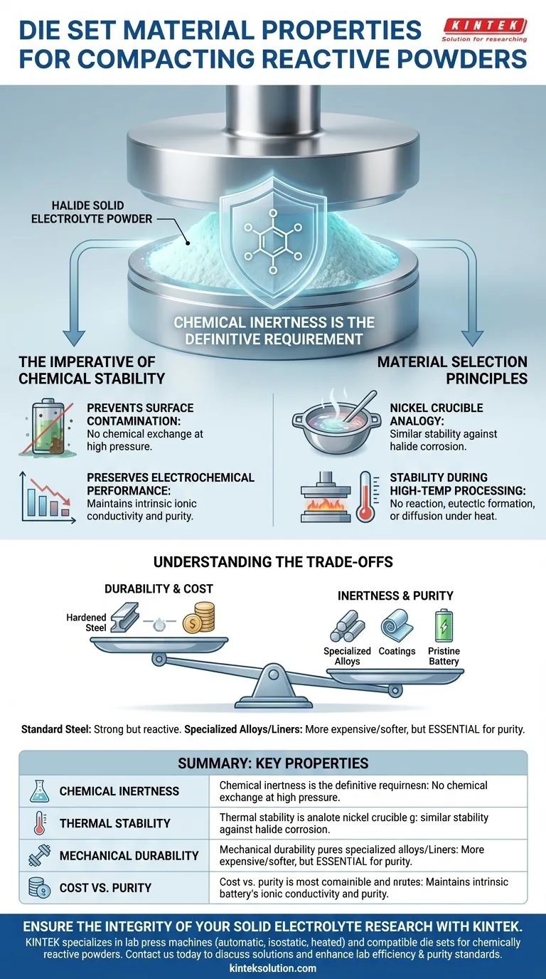 Quali proprietà dei materiali sono essenziali per il set di matrici utilizzato in una pressa da laboratorio per la compattazione di polveri chimicamente reattive come gli elettroliti solidi alogenuri? Garantire purezza assoluta e dati accurati Guida Visiva