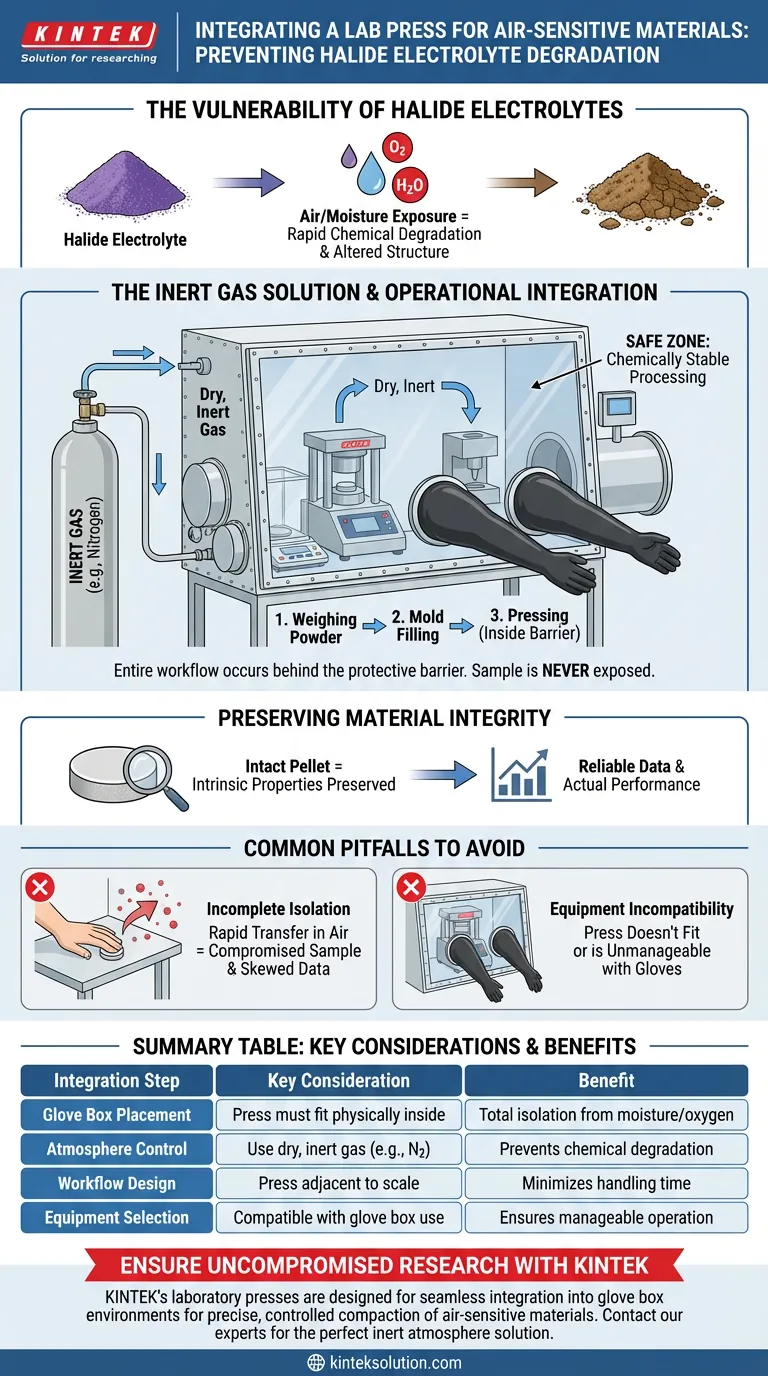 Quando si lavora con materiali sensibili all'aria come gli elettroliti solidi alogenuri, come viene integrata una pressa da laboratorio? Mantenere l'integrità del campione in un'atmosfera inerte Guida Visiva