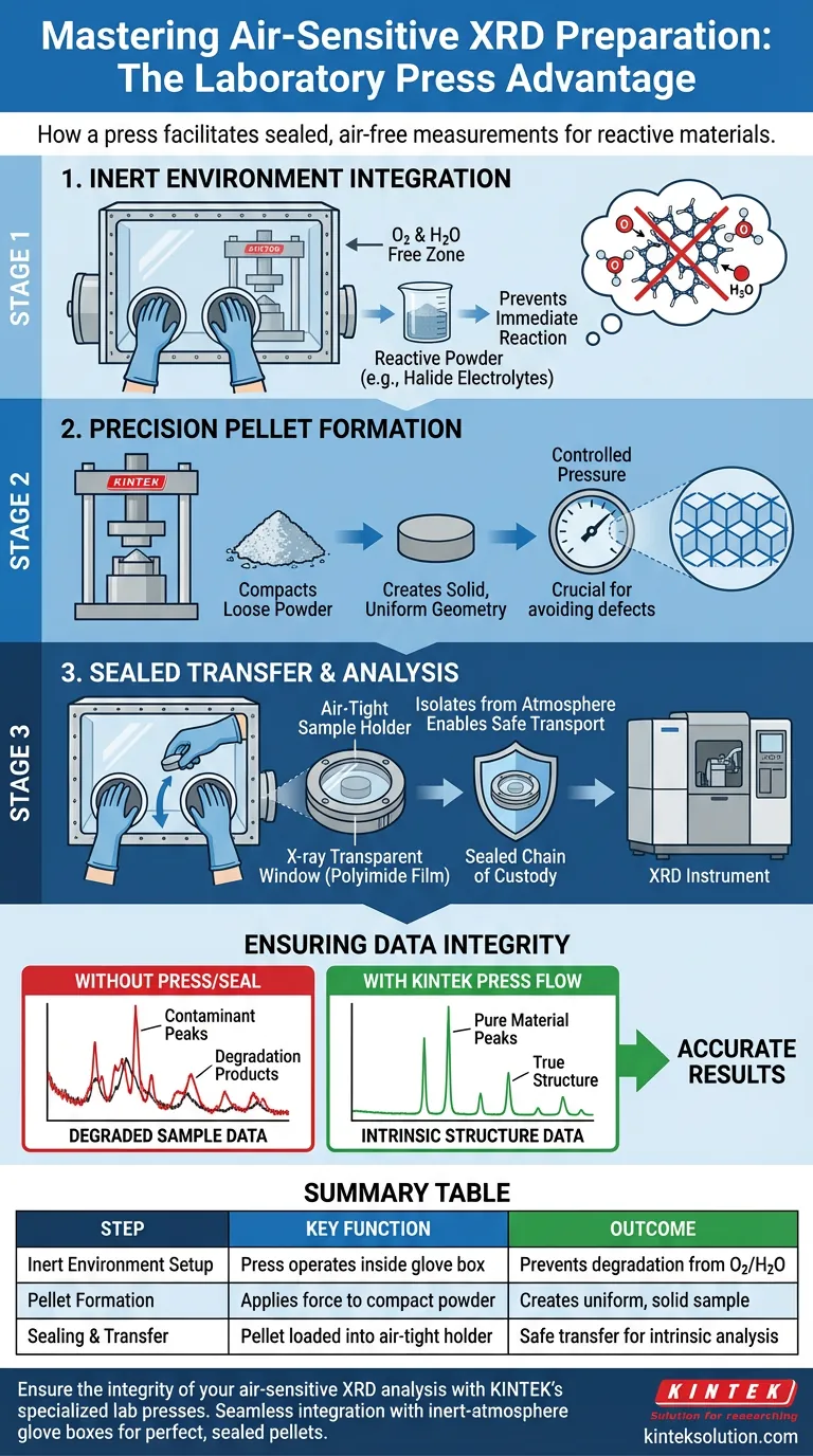 Per i materiali sensibili all'aria che richiedono analisi XRD, come una pressa da laboratorio facilita la preparazione? Ottenere misurazioni sigillate e senza aria Guida Visiva