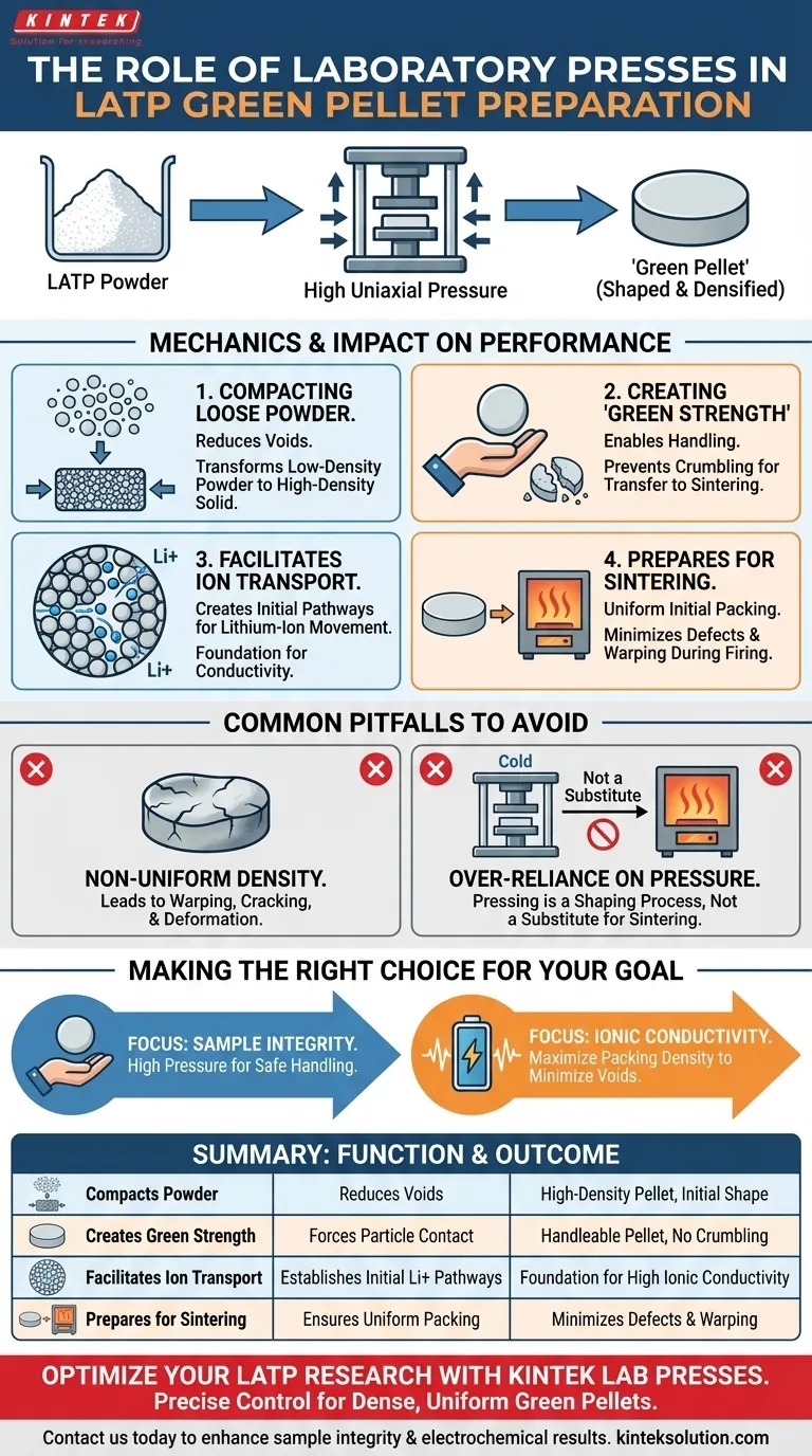 LATP固体電解質グリーンペレット作製における実験室用プレス機の機能は何ですか？最適な性能のための優れた高密度化を実現する ビジュアルガイド