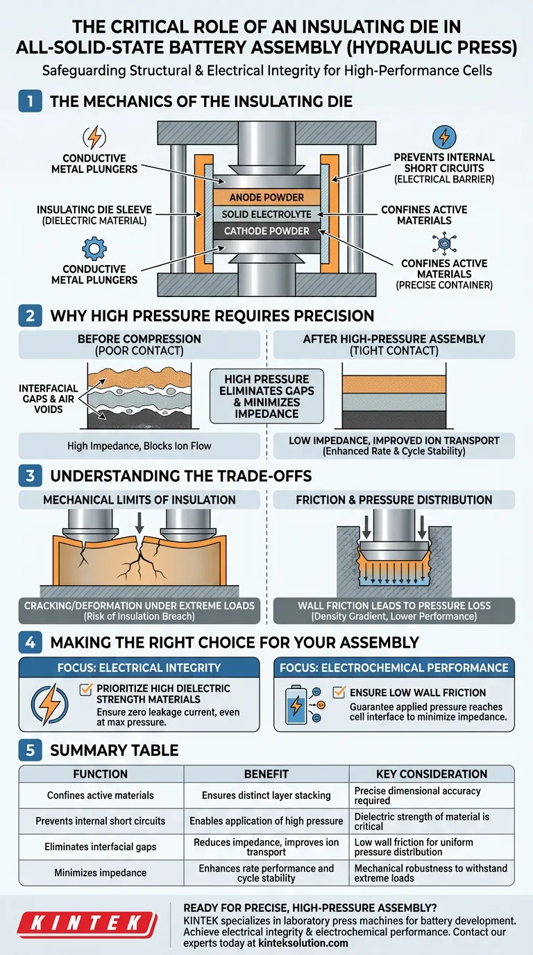 Qual è il ruolo critico di una matrice isolante nel processo di assemblaggio di celle per batterie a stato solido utilizzando una pressa idraulica? Prevenire cortocircuiti e garantire l'integrità Guida Visiva