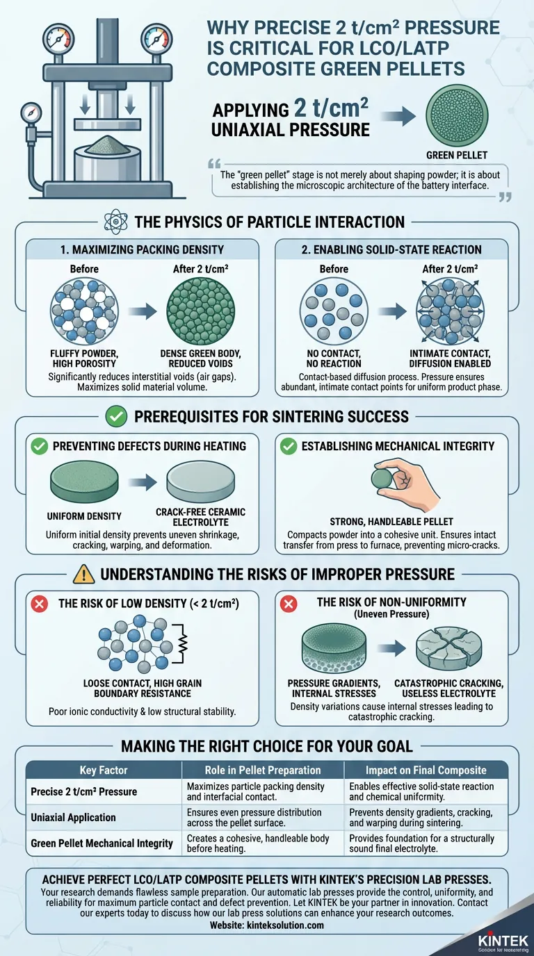 Perché è necessario applicare una pressione uniassiale precisa di 2 t/cm² con una pressa idraulica da laboratorio quando si preparano pellet verdi compositi LCO/LATP? Guida Visiva