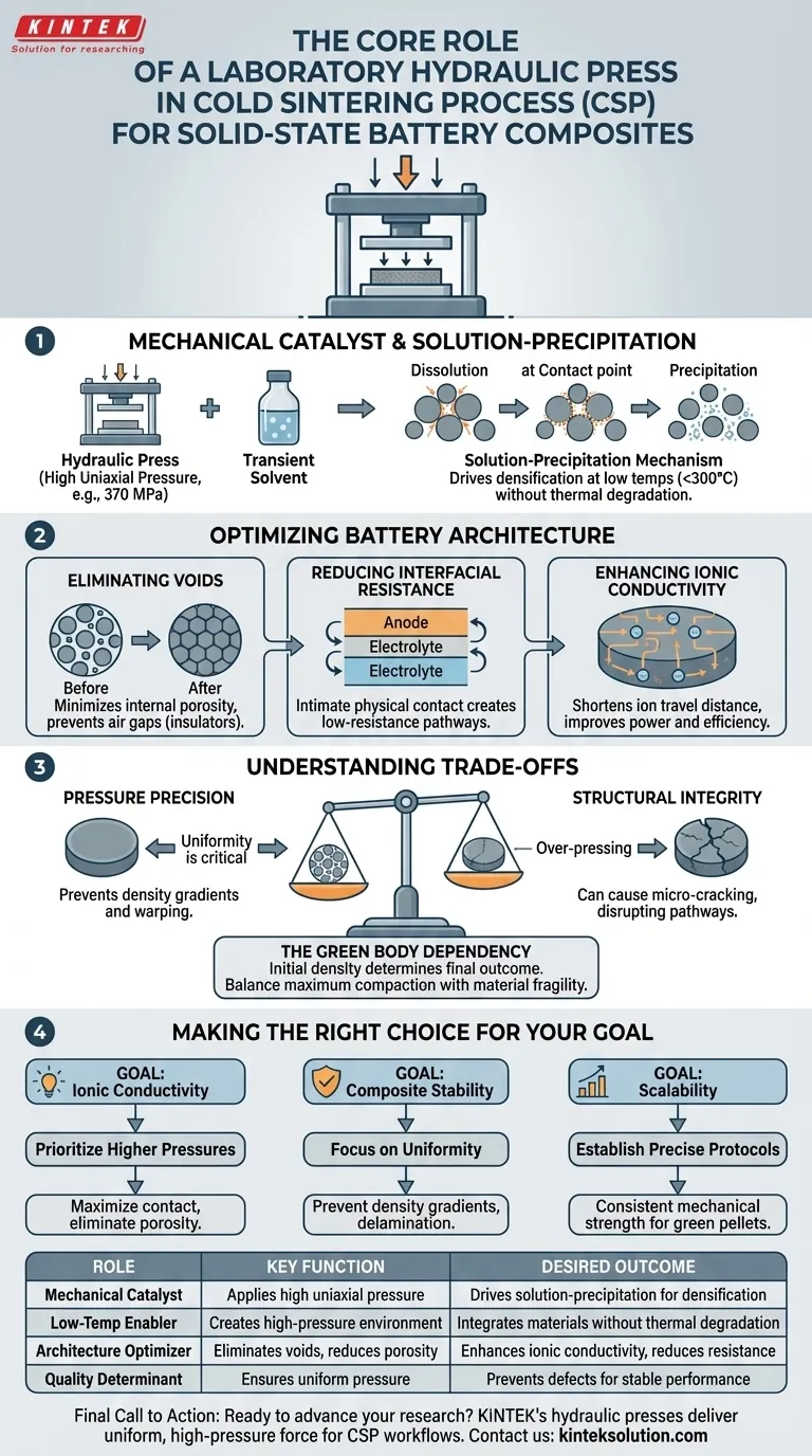 コールドシンタリングプロセスにおける実験室用油圧プレスの主な役割は何ですか？低温焼結の駆動 ビジュアルガイド