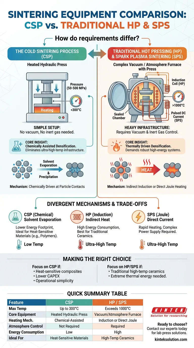 コールドシンタリングプロセス（CSP）の装置要件は、従来の熱間プレス（HP）またはスパークプラズマ焼結（SPS）の要件とどのように異なりますか？シンプルさと複雑さの解説 ビジュアルガイド