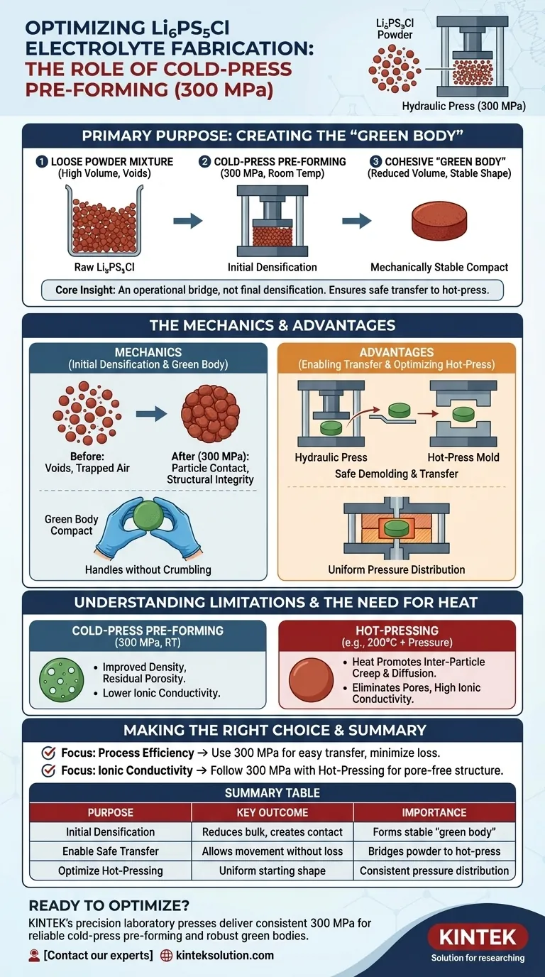 Qual è lo scopo dell'esecuzione della preformatura a freddo a 300 MPa? Creare un corpo verde stabile per una fabbricazione efficiente dell'elettrolita Guida Visiva