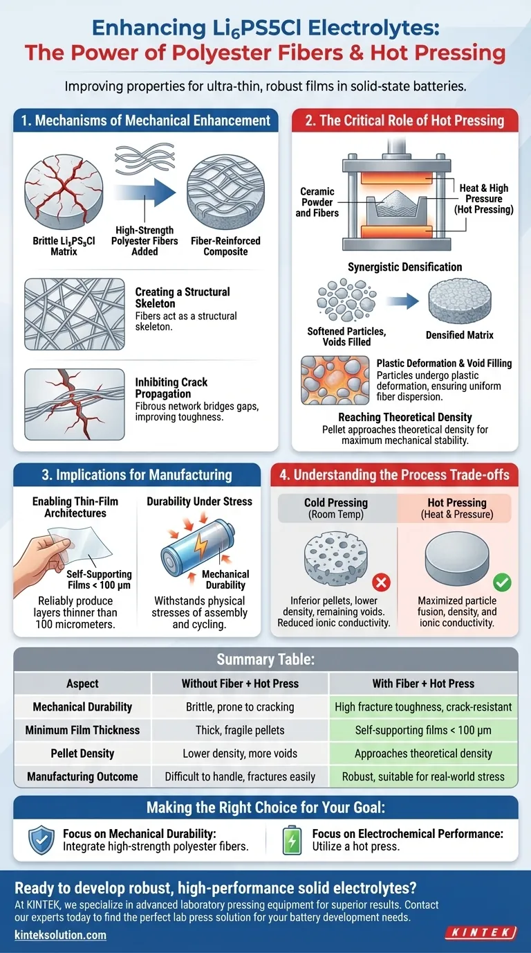 In che modo l'aggiunta di fibre di poliestere ad alta resistenza migliora le proprietà degli elettroliti ceramici Li6PS5Cl quando vengono lavorati mediante pressatura a caldo? Guida Visiva