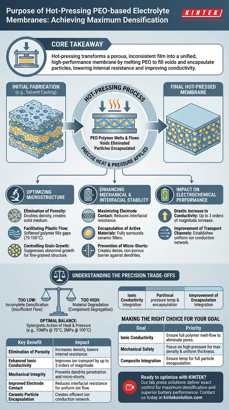 Qual é o propósito de usar um processo de prensagem a quente na preparação de membranas de eletrólito de referência à base de PEO? Alcançar Densificação Máxima para Desempenho Superior da Bateria Guia Visual