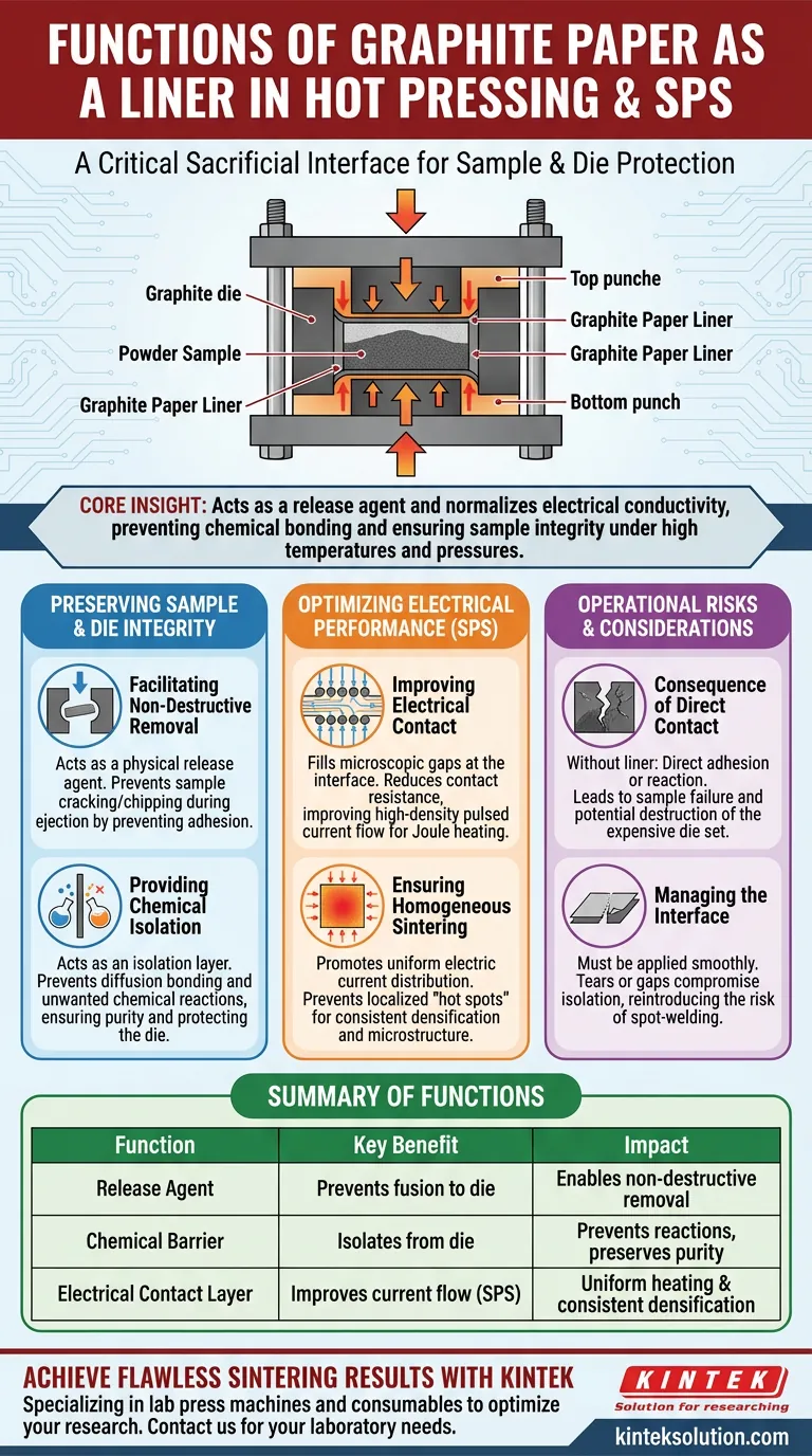 グラファイトダイの内側にグラファイトペーパーをライナーとして使用する主な機能は何ですか？サンプルの完全性と均一な焼結の確保 ビジュアルガイド