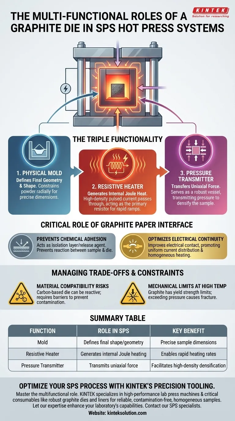 スパークプラズマ焼結（SPS）ホットプレスシステムにおける黒鉛ダイの不可欠で多機能な役割は何ですか？ ビジュアルガイド