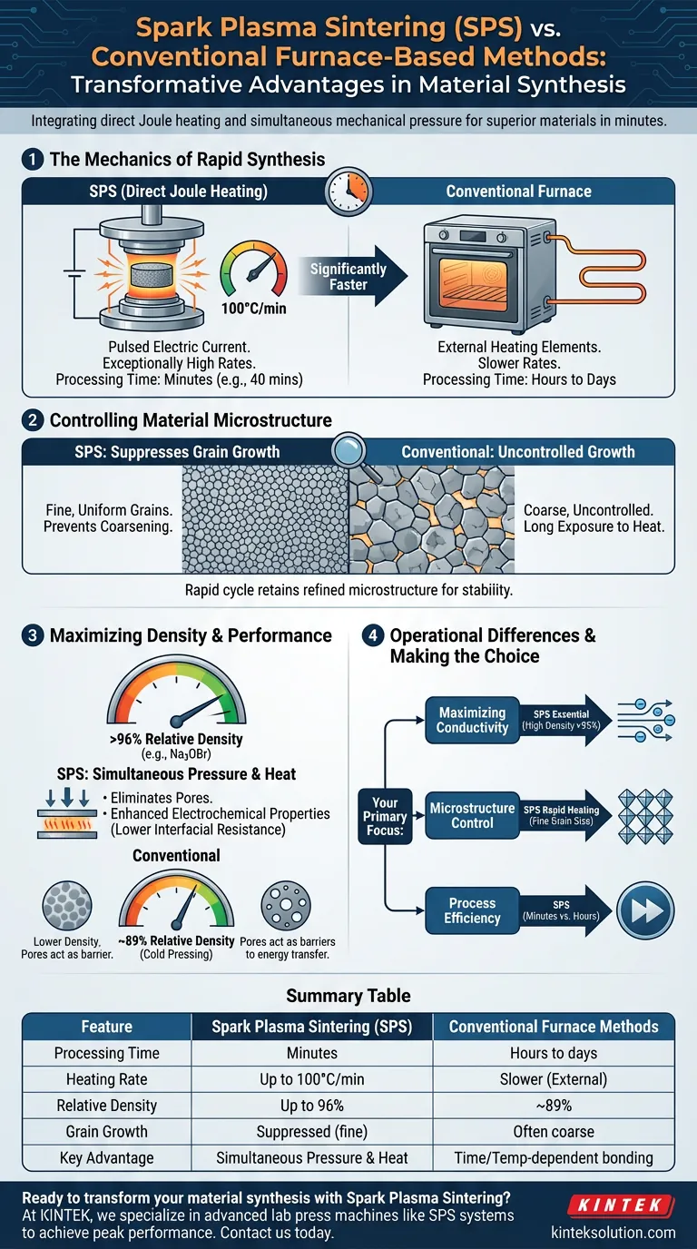 Quali sono i principali vantaggi dell'utilizzo di un sistema di pressa a caldo, in particolare lo Sintering al Plasma di Scintilla (SPS), per la sintesi di materiali rispetto ai metodi convenzionali di reazione allo stato solido basati su forno? Ottenere  Guida Visiva