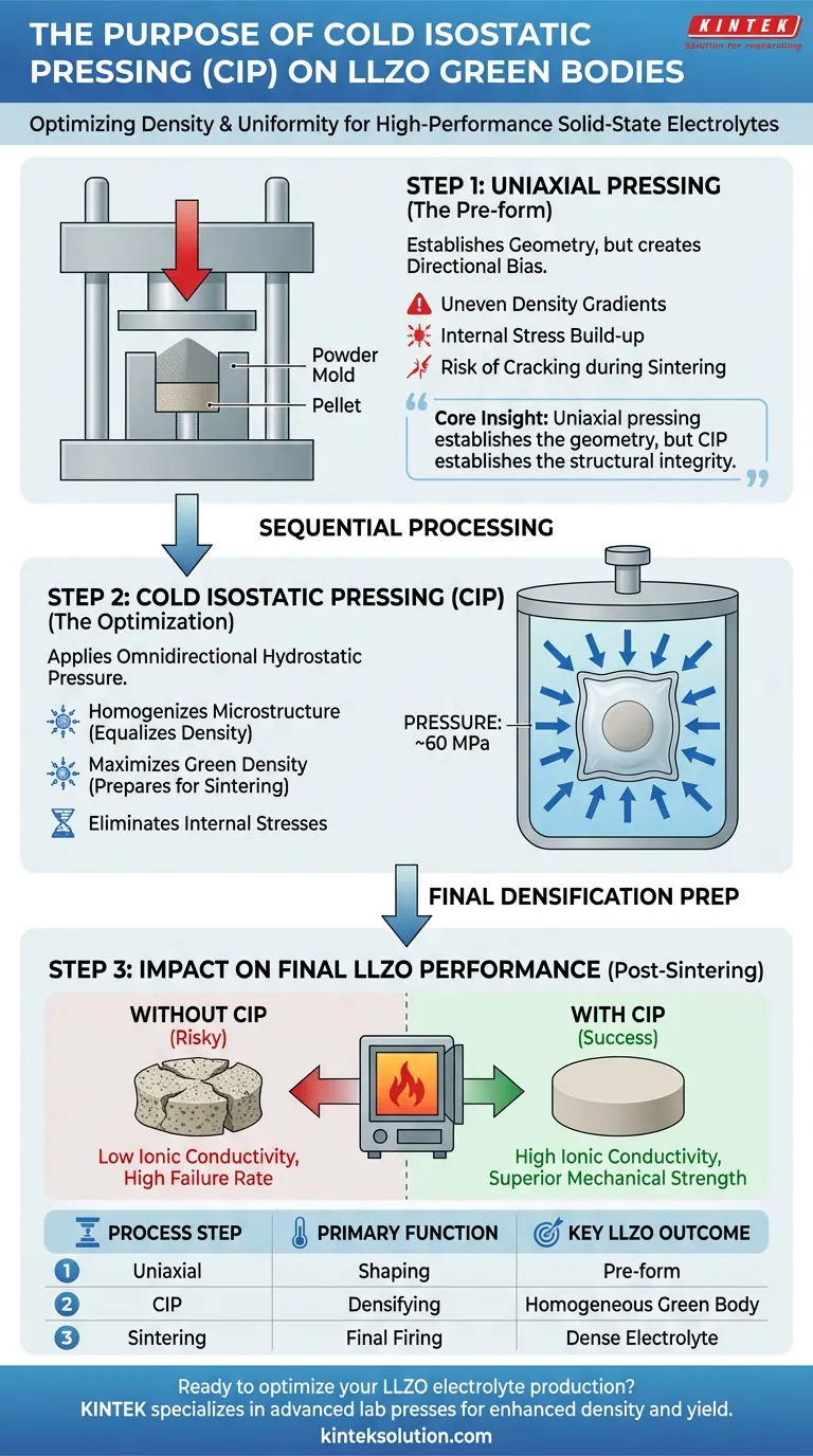 初期の単軸プレス工程の後、Li₇La₃Zr₂O₁₂（LLZO）グリーンボディに冷間等方圧プレス（CIP）を行う目的は何ですか？高性能全固体電解質の実現 ビジュアルガイド
