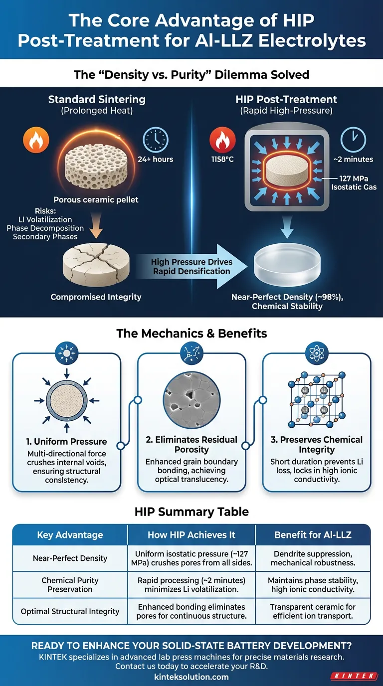 Qual è il vantaggio principale dell'utilizzo di un processo di post-trattamento con pressa isostatica a caldo (HIP) per gli elettroliti allo stato solido Al-LLZ? Raggiungere una densità e una purezza quasi perfette Guida Visiva