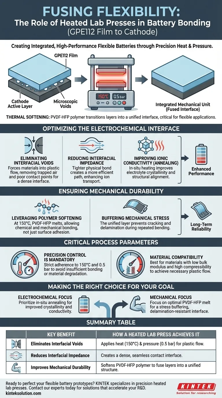 Qual è lo scopo dell'utilizzo di una pressa da laboratorio riscaldata per incollare un film GPE112 a uno strato attivo catodico per applicazioni di batterie flessibili? Ottenere un'integrità superiore dell'elettrodo Guida Visiva