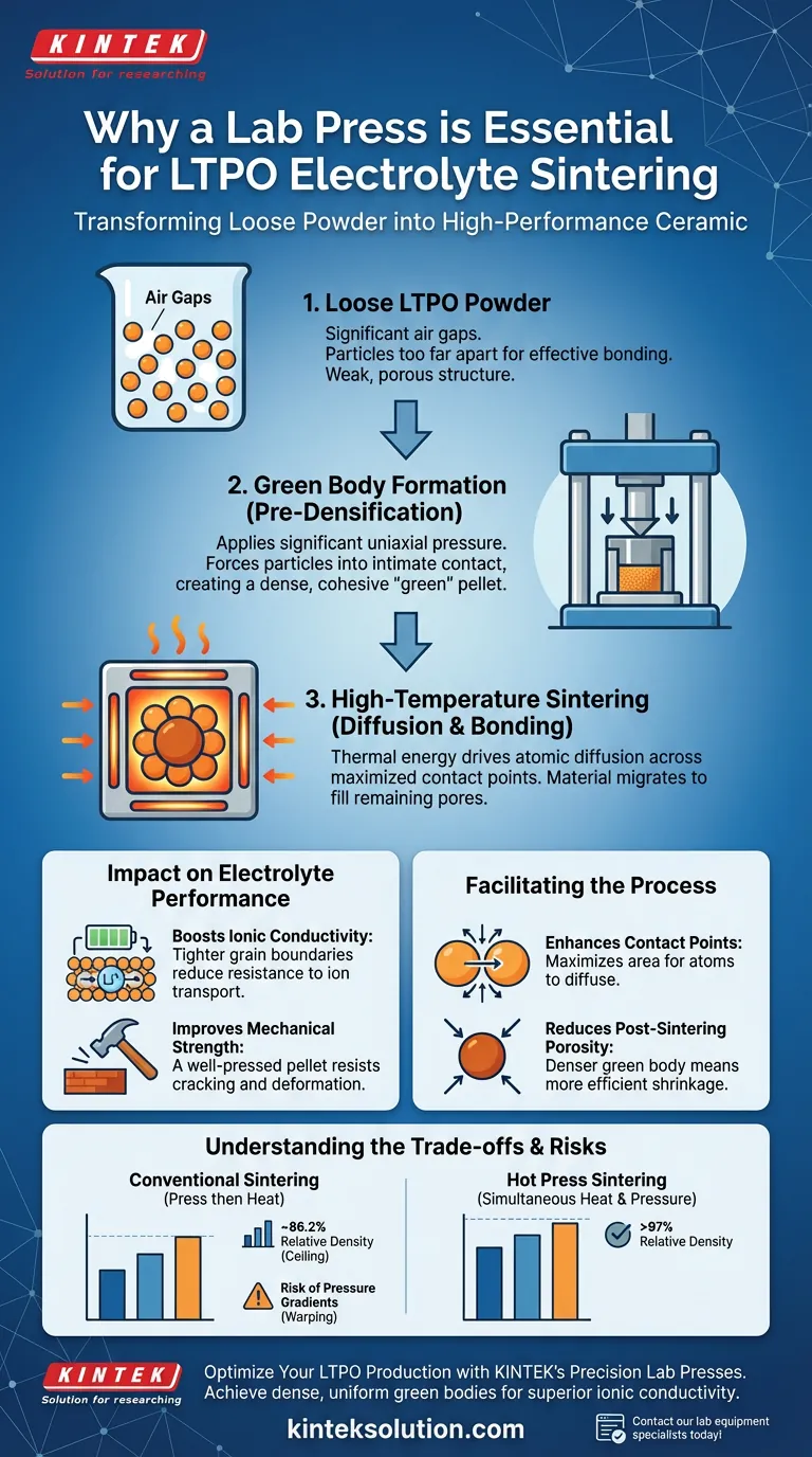 Perché una pressa da laboratorio è necessaria per la sinterizzazione di pellet di elettrolita LiTa2PO8 (LTPO)? Raggiungere una conduttività ionica superiore Guida Visiva