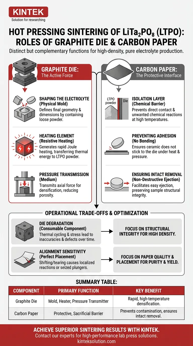 LiTa2PO8 (LTPO) 電解質の熱間プレス焼結において、黒鉛ダイスとカーボン紙それぞれの機能は何ですか？焼結プロセスを最適化する ビジュアルガイド