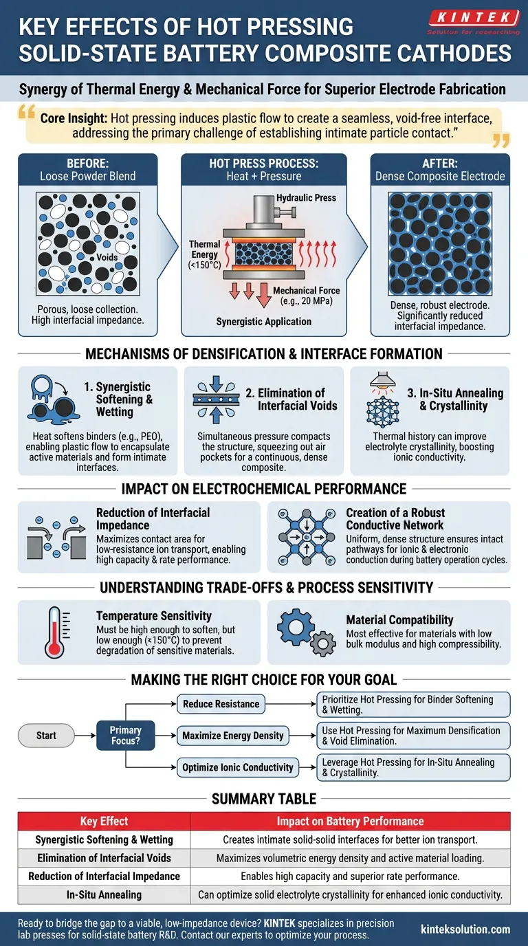 Quais são os principais efeitos do uso de uma prensa quente na fabricação de cátodos compósitos de baterias de estado sólido? Alcançar Densificação Superior e Impedância Inferior Guia Visual