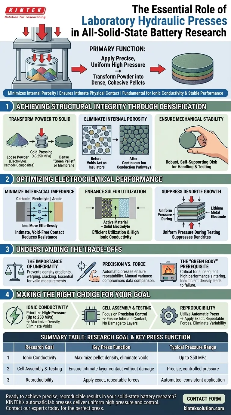 Qual è la funzione principale di una pressa idraulica da laboratorio nella fabbricazione di batterie allo stato solido di tipo a pellet a scopo di ricerca? Guida Visiva