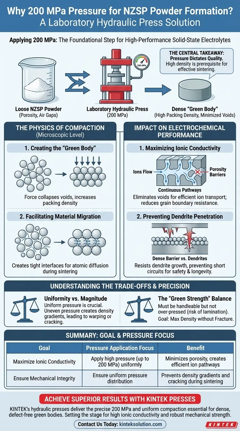 Na₃Zr₂Si₂PO₁₂ (NZSP) 粉末の成形に実験室用油圧プレスで 200 MPa の圧力が使用されるのはなぜですか？高性能固体電解質を確保する ビジュアルガイド
