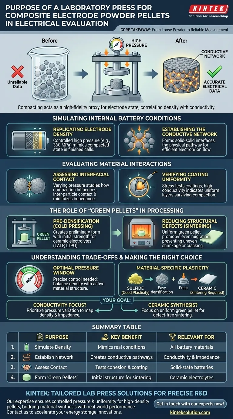 Qual è lo scopo dell'utilizzo di una pressa da laboratorio per compattare la polvere di elettrodi compositi in un pellet per la valutazione delle proprietà elettriche? Per simulare le prestazioni reali dell'elettrodo della batteria Guida Visiva