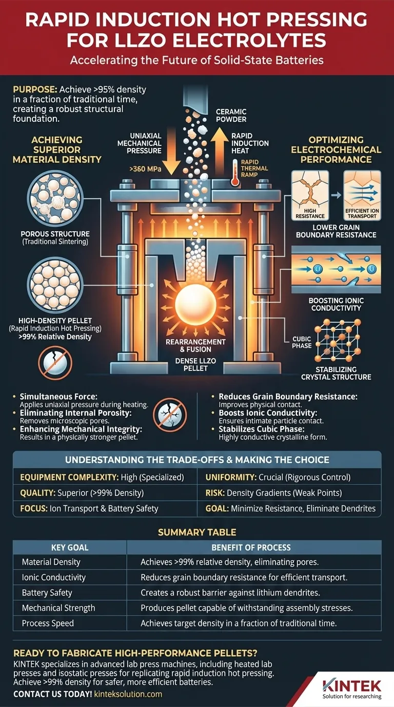 Qual è lo scopo dell'utilizzo di un processo di pressatura a caldo a induzione rapida per la fabbricazione di pellet LLZO? Raggiungere una densità >99% per batterie allo stato solido più sicure Guida Visiva