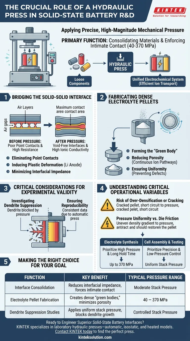 Qual è la funzione principale di una pressa idraulica da laboratorio durante l'assemblaggio sperimentale e il test delle batterie allo stato solido? Ottenere una conduttività ionica superiore Guida Visiva