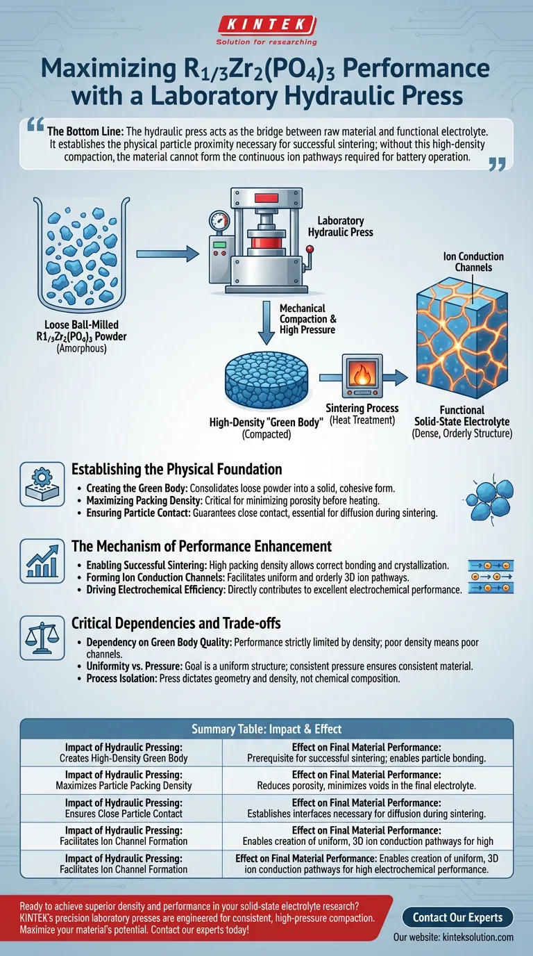 Qual è l'impatto dell'uso di una pressa idraulica da laboratorio per formare polvere R1/3Zr2(PO4)3 macinata a palle? Massimizzare le prestazioni dell'elettrolita allo stato solido Guida Visiva
