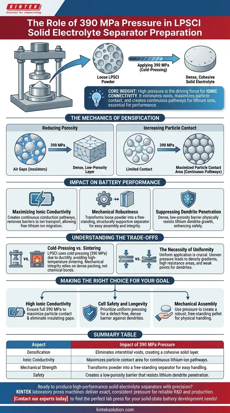 実験室用プレスで390 MPaの高圧をかけてLi6PS5Cl固体電解質セパレータを調製する目的は何ですか？最適なイオン伝導性とバッテリーの安全性達成 ビジュアルガイド