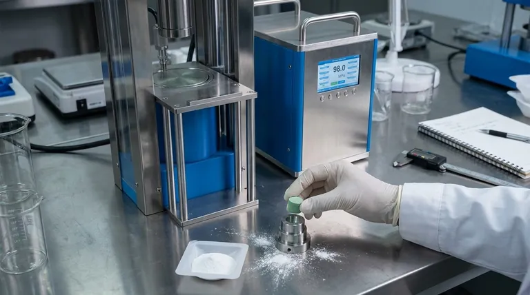 Perché è necessario utilizzare una pressa da laboratorio per applicare 98 MPa per pellet LLZ-CaSb? Garantire una conduttività ionica ottimale