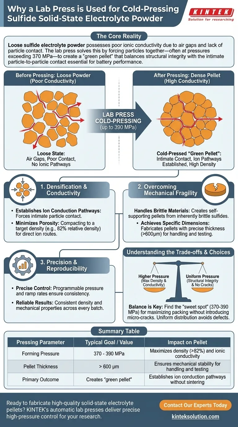 Perché una pressa da laboratorio viene utilizzata per la pressatura a freddo di polvere di elettrolita solfuro? Per pellet densi e conduttivi Guida Visiva