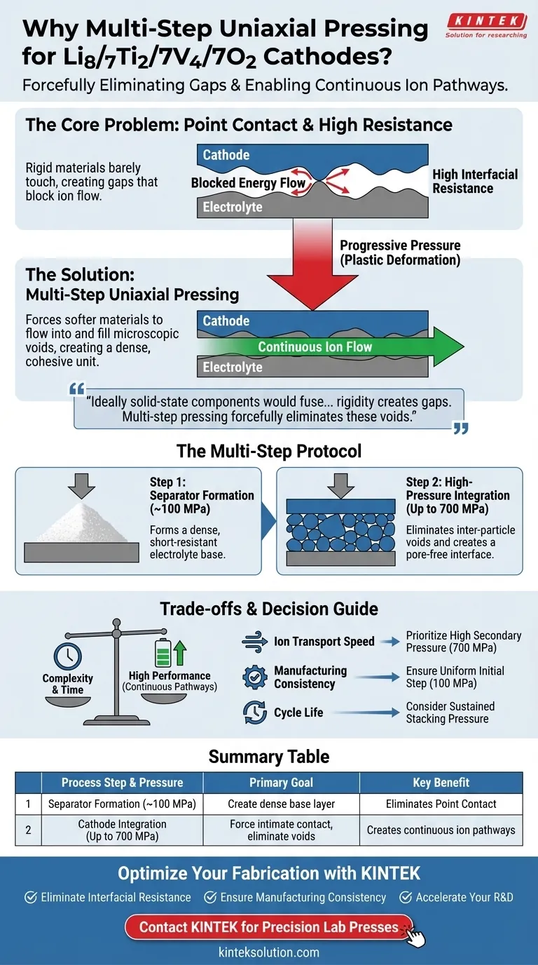Li8/7Ti2/7V4/7O2カソードを用いた全固体電池の作製に多段階単軸プレスプロセスが必要なのはなぜですか？優れたイオン輸送と電池性能を実現 ビジュアルガイド