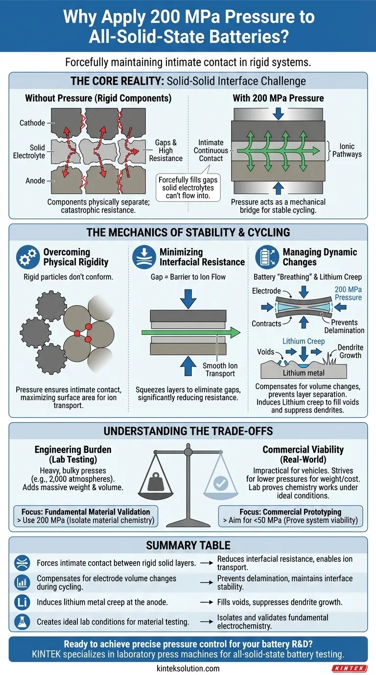Perché viene applicata una pressione esterna continua di 200 MPa durante i test di ciclaggio delle batterie allo stato solido? Guida Visiva
