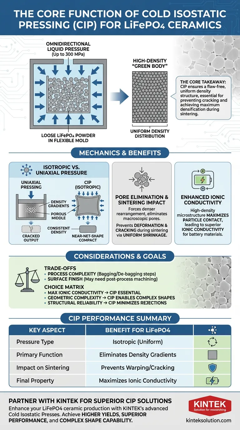 リン酸鉄リチウム（LiFePO4）セラミックスの成形プロセスにおけるコールド等方圧プレス（CIP）の主な機能は何ですか？ 均一な密度を実現し、優れた性能を引き出す ビジュアルガイド