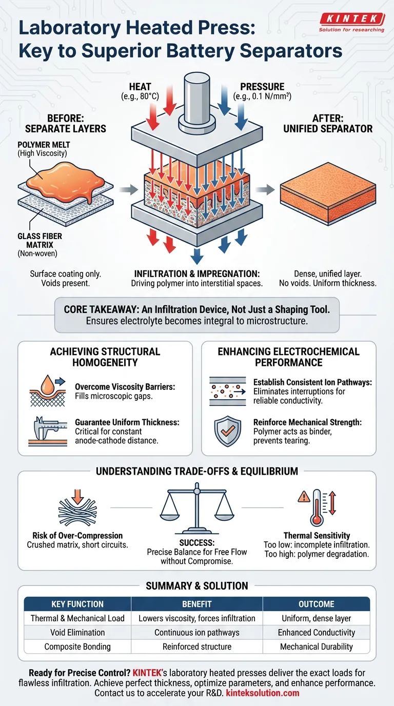 Qual è il ruolo chiave di una pressa riscaldata da laboratorio nella fabbricazione di separatori infiltrati con polimeri cristallini di plastica? Ottenere separatori di batteria uniformi e ad alte prestazioni Guida Visiva