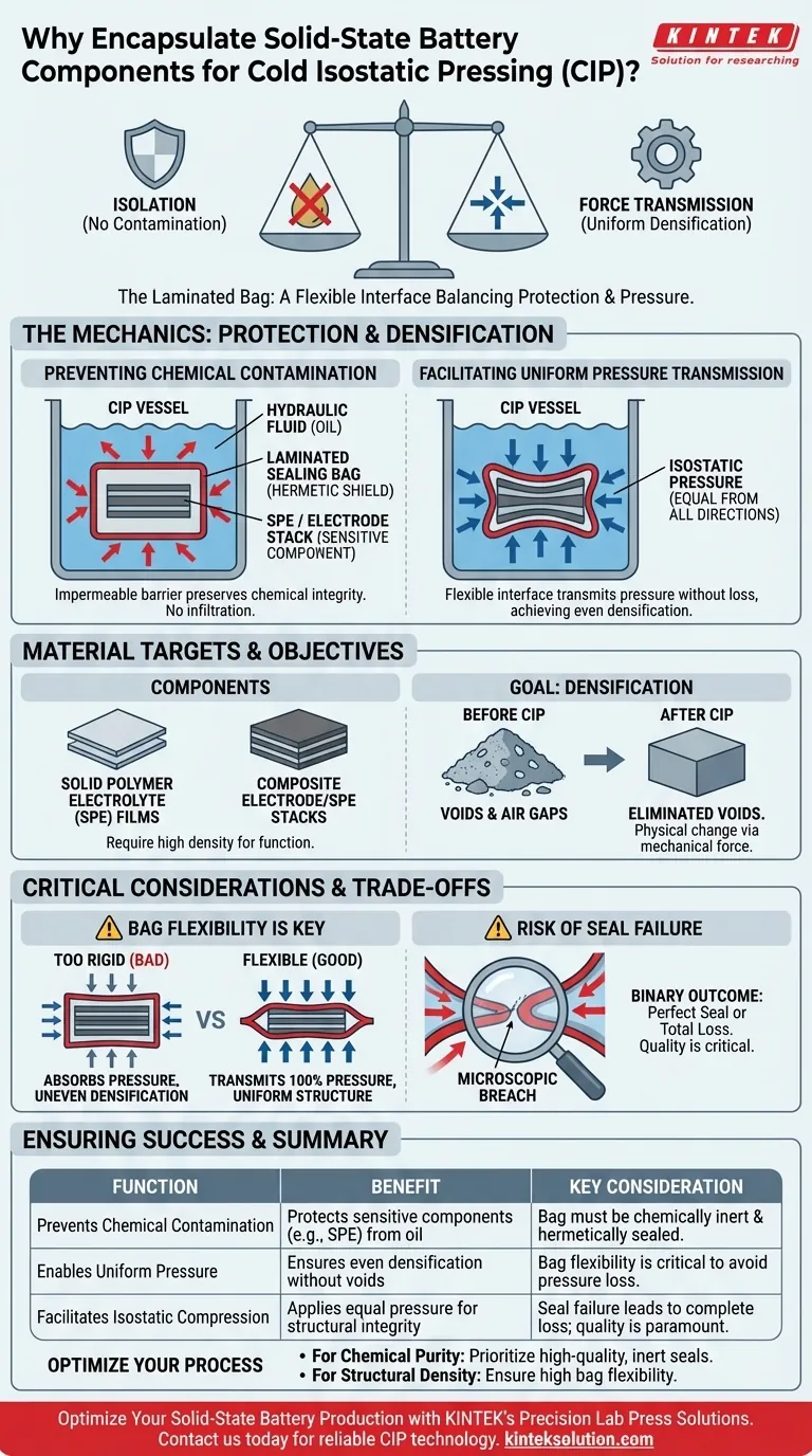 Por que os componentes da bateria de estado sólido devem ser encapsulados em um saco de vedação laminado durante o processo CIP? Garanta densificação e pureza uniformes Guia Visual