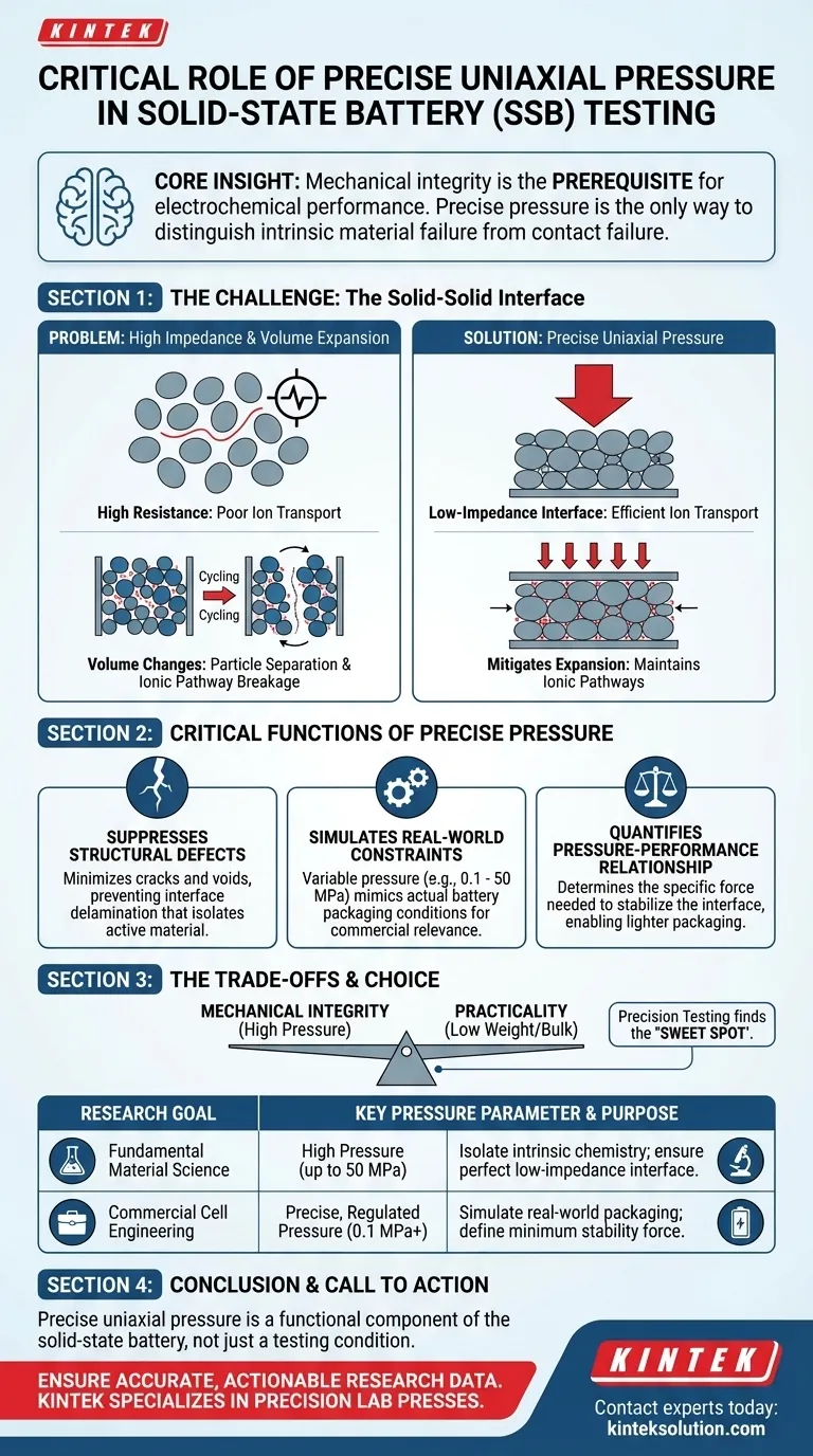 固体電池の機械的破壊メカニズムを研究する際に、正確な一軸圧力を印加・維持できる試験装置を使用することが不可欠なのはなぜですか？ ビジュアルガイド